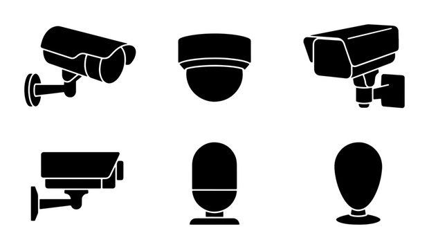 Security Camera Icons, Surveillance System Vector Graphics, CCTV Equipment Silhouettes for Monitoring