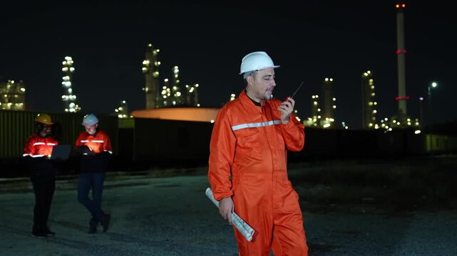 Nighttime industrial operations oil refinery action scene urban environment wide angle safety and efficiency