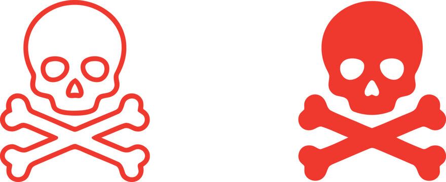 Red skull and crossbones vector icons, minimalist poison warning symbols, flat hazard sign elements for safety labels and pirate themes
