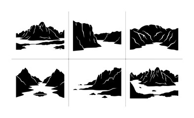 Fototapeta premium Minimalist Mountain Landscape Vector Icons, Black and White Scenic Views, Nature Serenity Collection