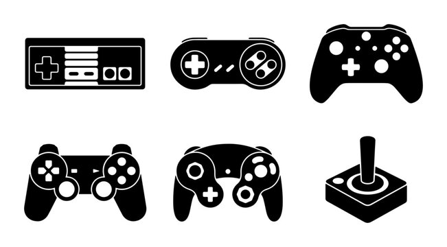 Retro and Modern Game Controllers, Vector Icons Set: Classic Joystick, Vintage NES, Contemporary Gamepads