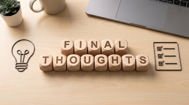 Wooden cubes spelling &ldquo;FINAL THOUGHTS&rdquo; on office desk, minimal lightbulb, conclusion and reflection business concept