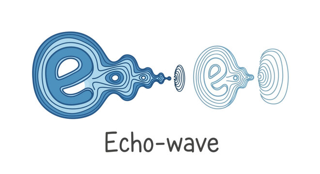 Abstract 'e' letter morphing into blue sound wave ripples with "Echo-wave" text on a bright white background.