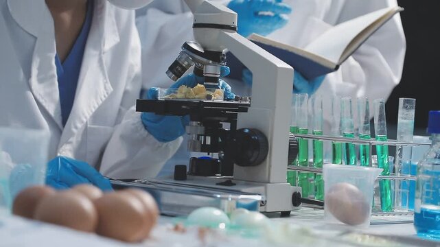 Researcher conducts food analysis in laboratory on eggs and dairy with microscope and data sheet for study on nutrition concept