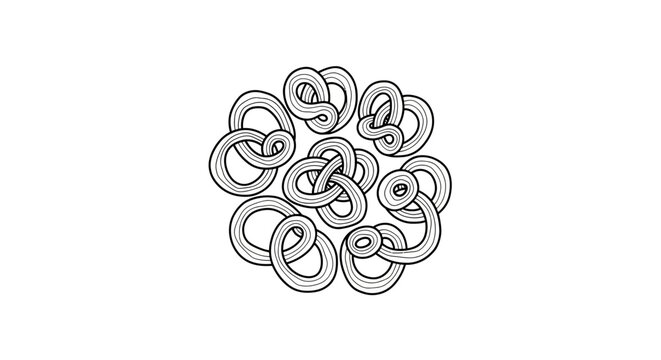 Abstract tangled knot line art illustration with complex intertwined loops in a circular shape on an isolated white background.