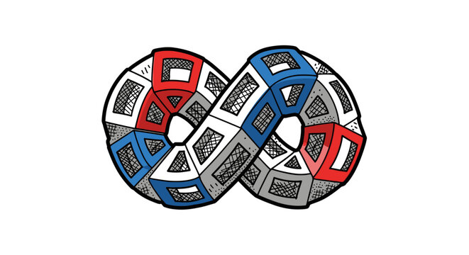 Dynamic Infinity Symbol with Geometric Red and Blue Patterns on Isolated White Background