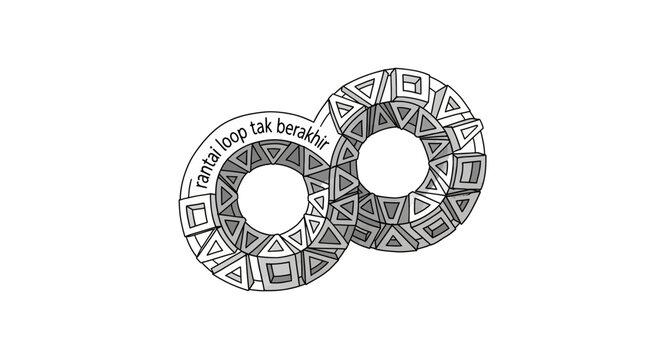 Abstract Infinity Symbol with Geometric Gear Pattern and Indonesian Text on Isolated White Background
