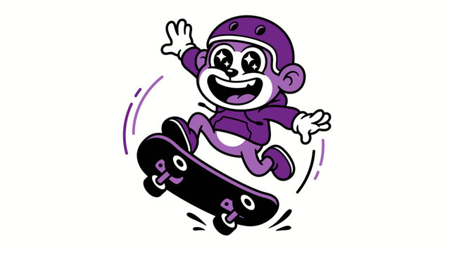 Energetic Cartoon Monkey Skater Performing an Ollie Jump with Fun and Style