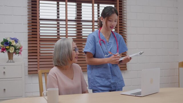 Healthcare consultation with nurse and patient home office photography series bright room close-up wellness guidance