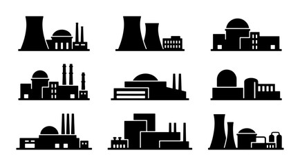 Industrial Power Plant Icons Set, Nuclear Energy Facility Silhouettes, Factory Building Graphics © Sajib