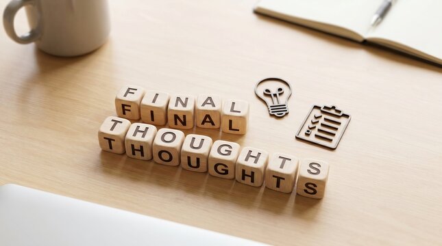 Wooden cubes spelling &ldquo;FINAL THOUGHTS&rdquo; on office desk, minimal lightbulb, conclusion and reflection business concept