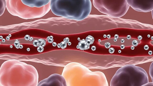 Detailed Illustration of Blood Flow Within Human Blood Vessel Featuring Red and White Blood Cells for Medical Education and Health Content