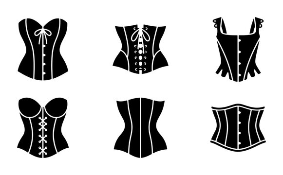 Six Black Corset Icons, Vintage Lingerie Silhouettes, Victorian Undergarment Vector Set