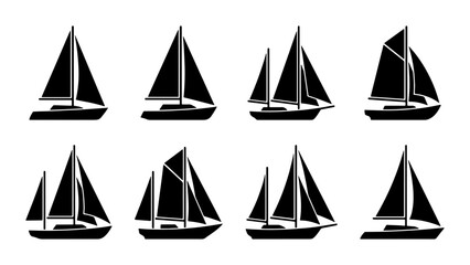 Set of 8 Black Sailboat Icons, Nautical Vector Graphics, Marine Transport Silhouettes, Sailing Vessel Collection © Ripa