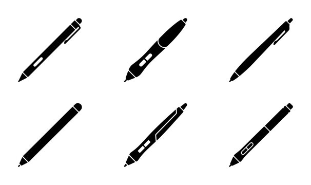 Six Black Pen Icons, Writing Tools Silhouettes, Digital Stylus Graphics, Office Supplies Vector Set