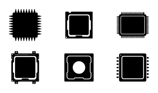 Computer Microchip Icons, Processor Vector Set, Electronic Component Silhouettes