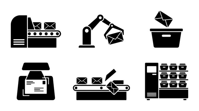 Mail Sorting Automation Icons: Conveyor, Robot Arm, Bin, Scale, Machine