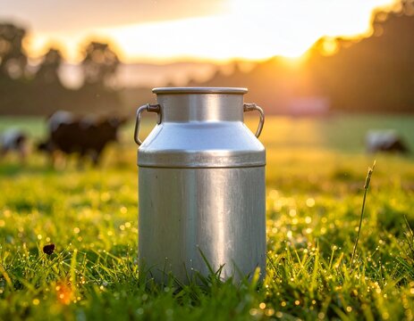 Classic silver milk churn on green grass golden hour dairy farm concept