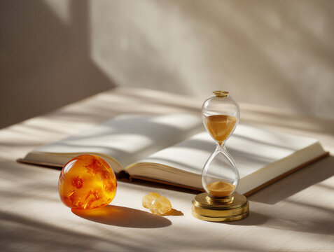 Minimalist desk scene with an orange matte pomodoro timer, open notebook, and brass hourglass. Warm cinematic lighting, soft shadows, blurred wood backdrop. Clean layout with right copy space for...