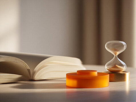 Minimalist desk scene with an orange matte pomodoro timer, open notebook, and brass hourglass. Warm cinematic lighting, soft shadows, blurred wood backdrop. Clean layout with right copy space for...