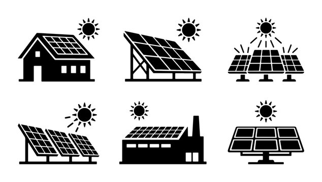 Solar Panel Icons, Renewable Energy Systems, Sustainable Power Generation, Clean Electricity Sources