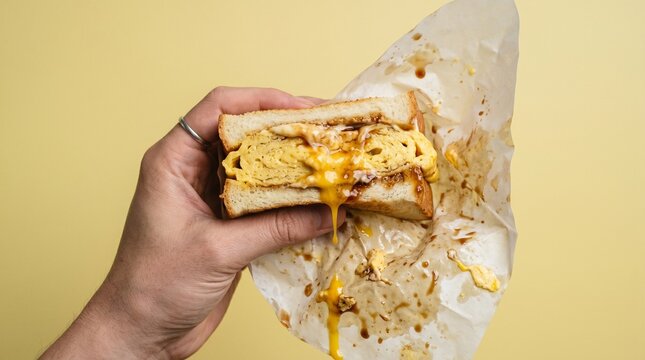 Hand holding a cheesy sandwich.