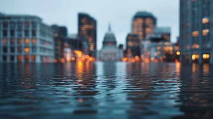 Fototapeta premium A flooded urban street with blurred city buildings and warm lights reflecting off standing water at dusk.
