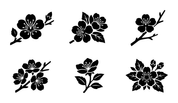 Black Cherry Blossom Vector Icons, Spring Floral Branch Silhouettes, Elegant Botanical Elements