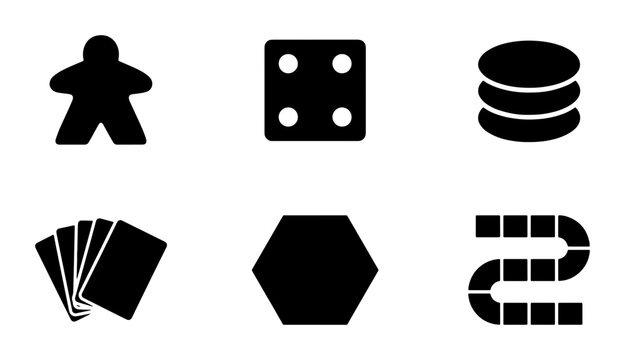 Board Game Icons: Meeple, Dice, Tokens, Cards, Hexagon, Path, Vector Set