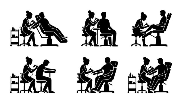 Tattoo Artist and Client Silhouettes, Beauty Salon Services, Manicure and Pedicure Icons