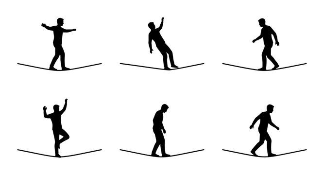 Slackline Walker Silhouettes, Balance and Acrobatics, Extreme Sports Action Poses