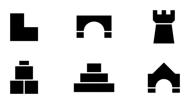 Building Blocks Icons, Castle Tower, Archway, Stacked Shapes, Geometric Toy Elements, Simple Construction Shapes