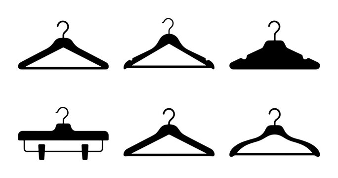 Set of 6 Black Clothes Hangers, Vector Icons for Wardrobe Organization and Retail Display