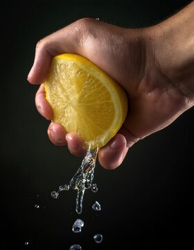 Hand expertly squeezing a fresh lemon while juice streams down in a detailed, realistic close-up shot