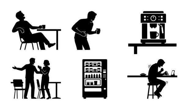 Coffee Break Icons: Silhouette People, Espresso Machine, Vending Machine, Cafe Scenes
