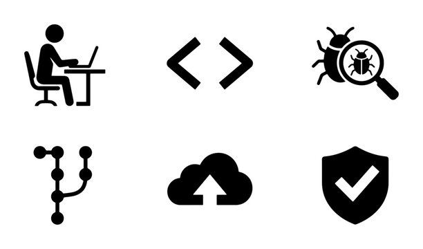 Software Development Icons: Coding, Debugging, Version Control, Cloud Upload, Security