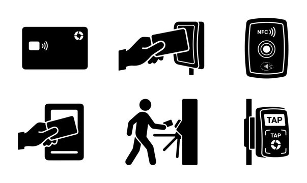 Contactless Payment Icons, NFC Card Access, Turnstile Entry, Security Access Control Vector Set