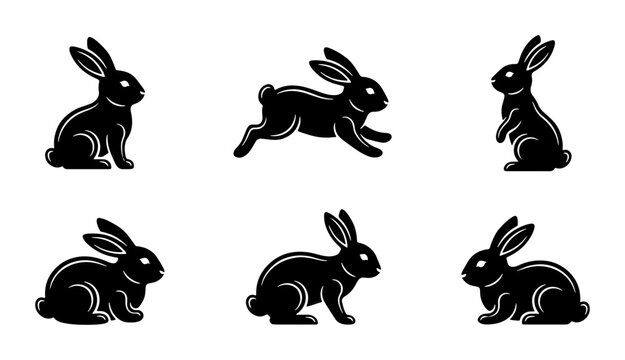 Black Rabbit Icons Set, Cute Bunny Vector Graphics, Animal Silhouettes for Easter and Spring Themes