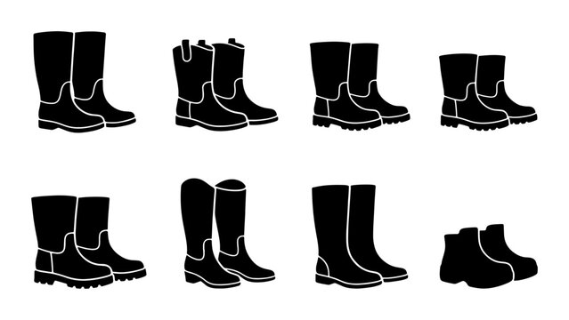 Collection of Black Rubber Boots, Various Styles, Waterproof Footwear Icons, Outdoor Gear Set