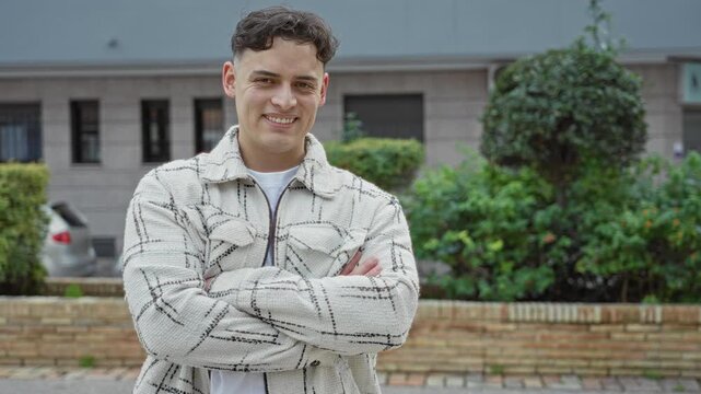 Young man with folded arms smiling in front of building, wearing patterned jacket and white shirt, standing on street pavement; confidence.