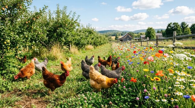 Happy free-range chickens roam in a vibrant, sunlit meadow with wildflowers and apple trees
