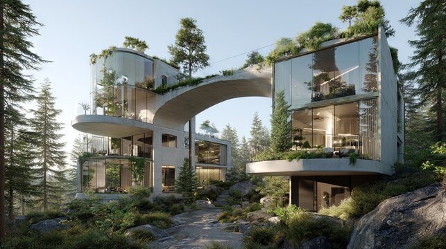 Two distinct contemporary five-story villas, each spanning 3,000 square meters, linked together by a connecting bridge	