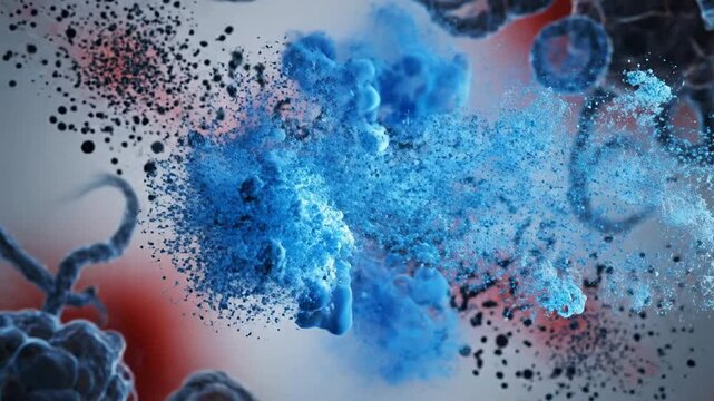Dynamic Digital Illustration of Microscopic Organisms Depicting Immune Response Burst With Vibrant Blue and Black Particles Against Abstract Red and White Background