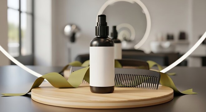 Black cosmetic spray bottle with blank label and hair comb on a wooden table in a professional hair salon setting