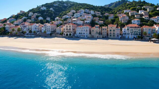 Beautiful mediterranean coastal village with houses on a hillside above a sandy beach and blue ocean water in summer 4K video