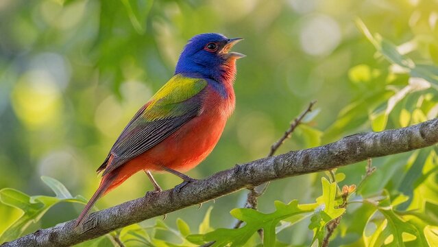 A colorful songbird perched on a tree branch in soft morning light.