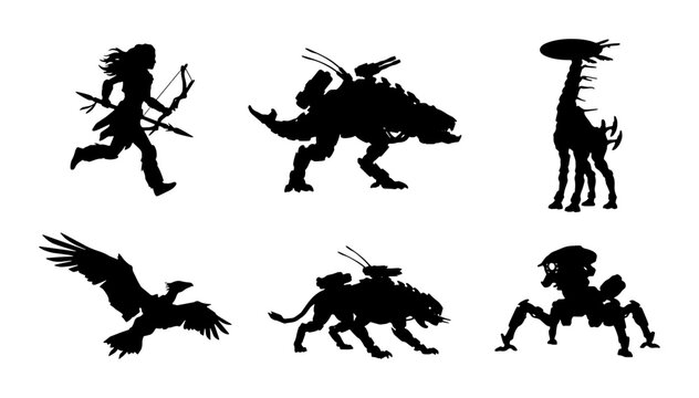 Futuristic Creature Silhouettes, Sci-Fi Beasts, Robotic Animals, Hunter, Eagle, Dinosaur, Lion, Giraffe, Vector Art