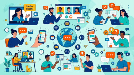 Naklejka premium Diverse people collaborating and communicating through digital devices in a connected world. EPS Editable. Vector Illustrations.