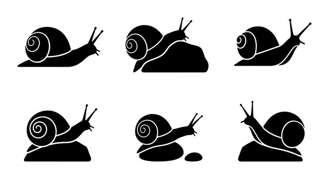 Snail Icons, Silhouette Vector Set: Slow Movement, Nature, Garden Critters, Simple Graphics