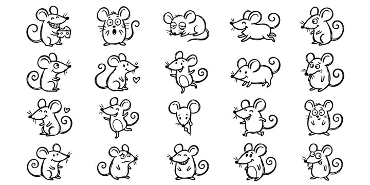 A collection of various cartoon mice illustrations in different poses and expressions.